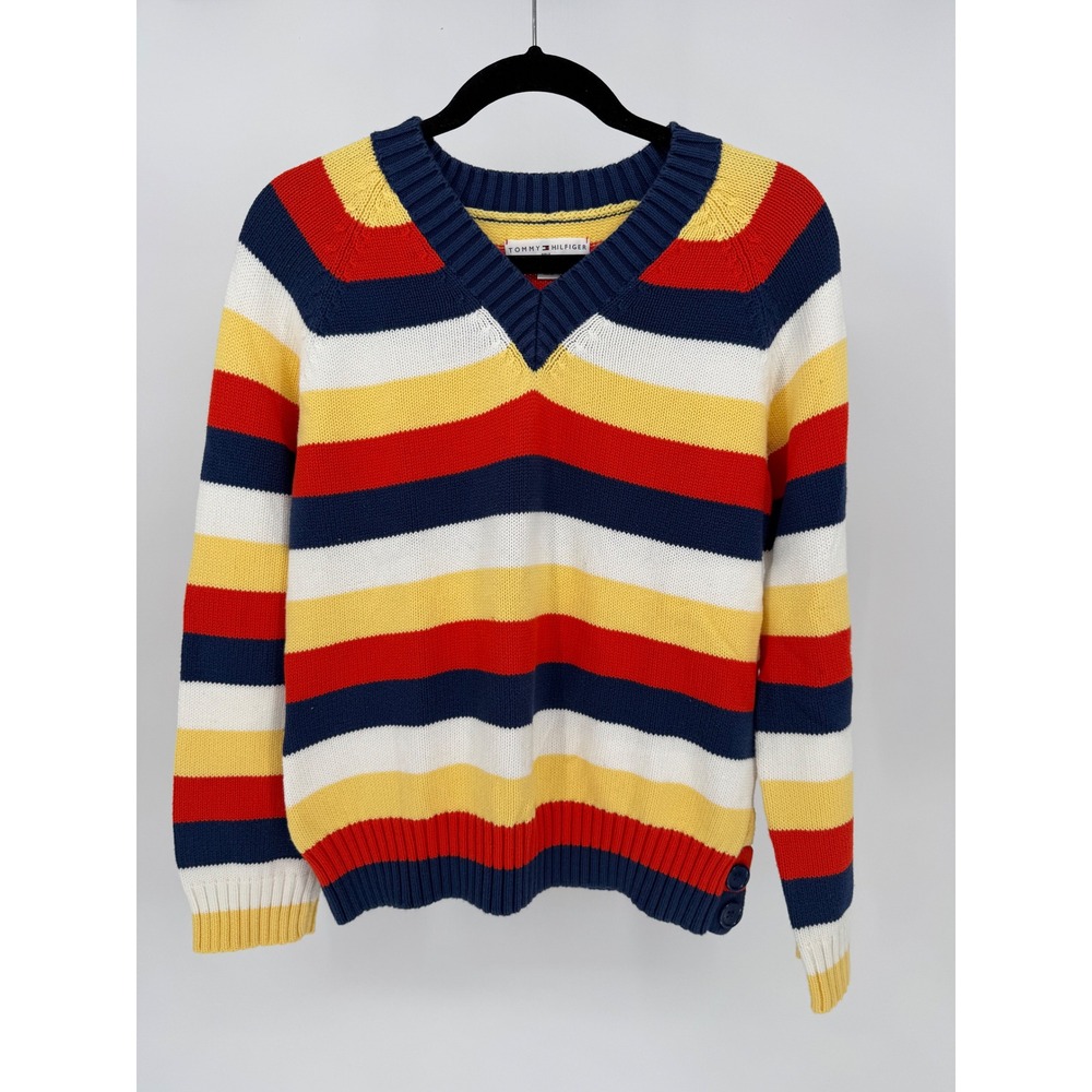 Tommy Hilfiger Golf Striped V Neck Sweater Women L G Navy Red Yellow White